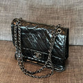 CHANEL 26S CLASSIC FLAP BAG 26 IN BLACK AGED CRINKLED CALFSKIN DARK SILVER HARDWARE