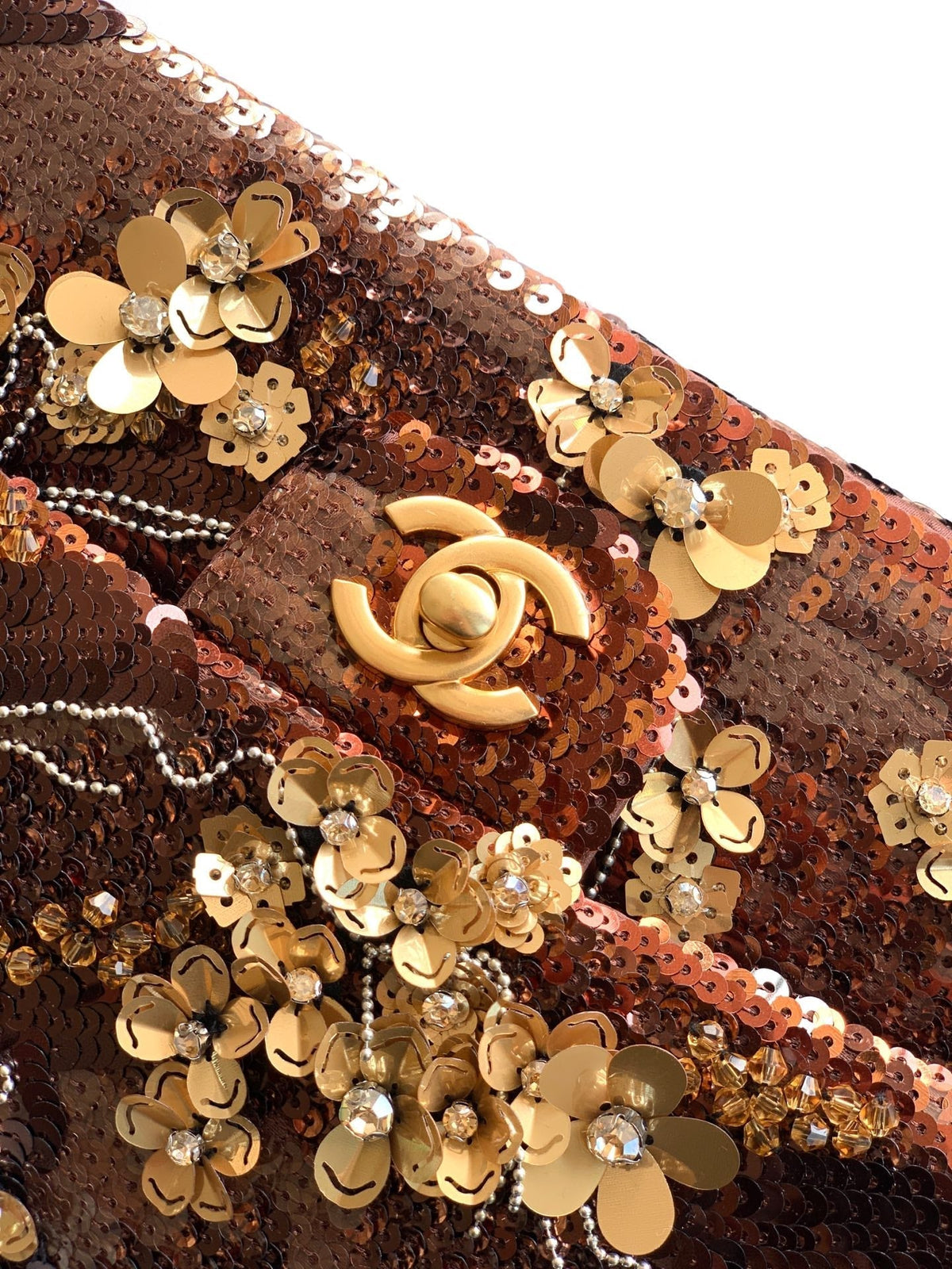 CHANEL 26S CLASSIC FLAP 25 IN BROWN BRONZE SEQUIN GOLD HARDWARE