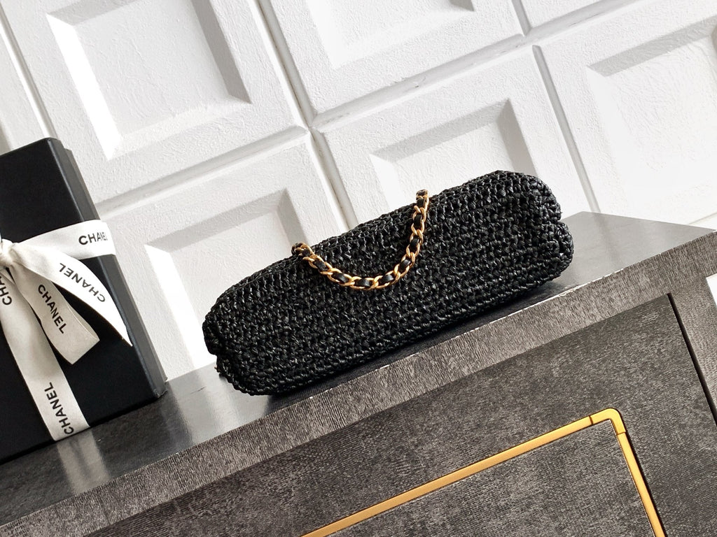 CHANEL 26S TOP HANDLE BAG 19 IN BLACK RAFFIA AND CALFSKIN GOLD HARDWARE