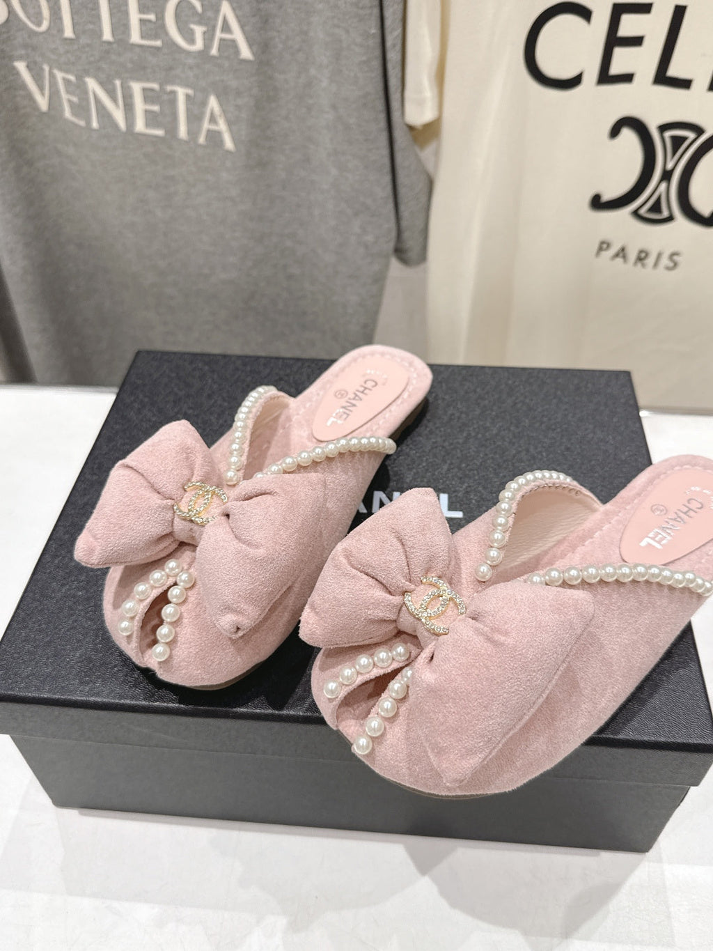 chanel/26SS NEW Pearl bow flat slippers