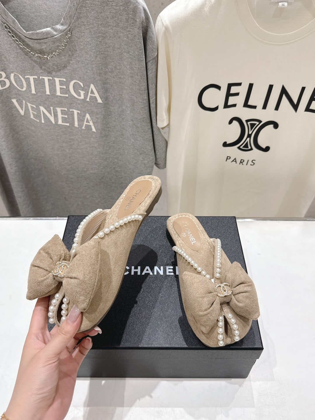 chanel/26SS NEW Pearl bow flat slippers