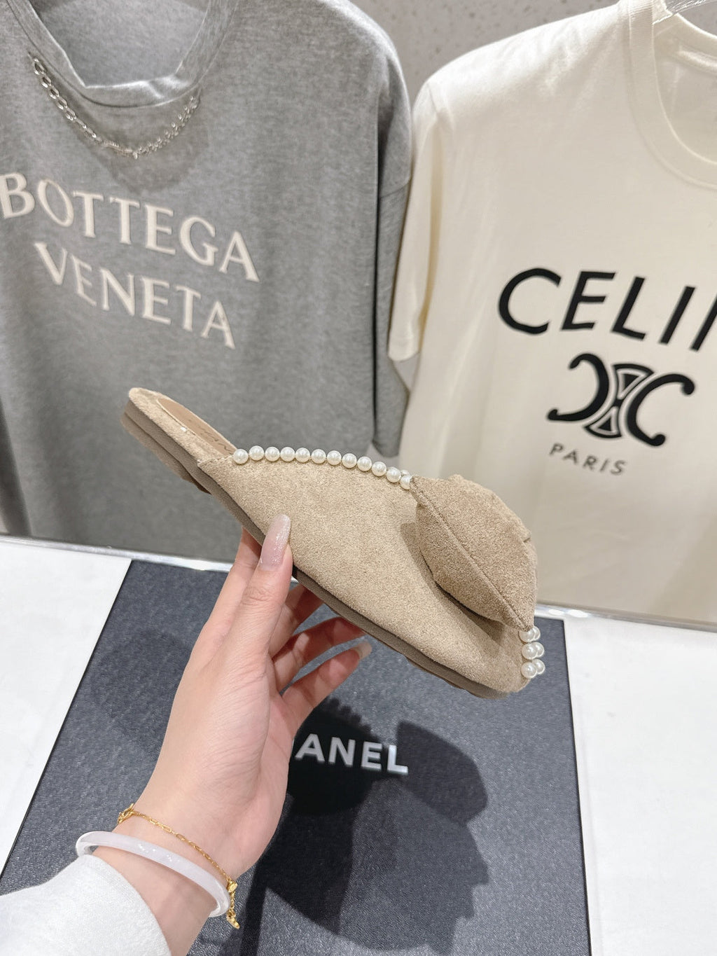 chanel/26SS NEW Pearl bow flat slippers