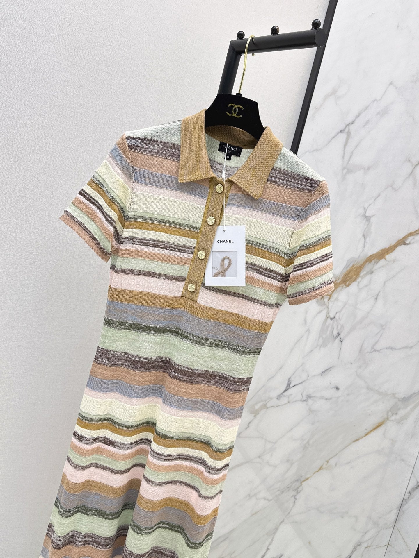 26SS NEW Color-blocked Long Striped Dress with Lapel Collar 🤎