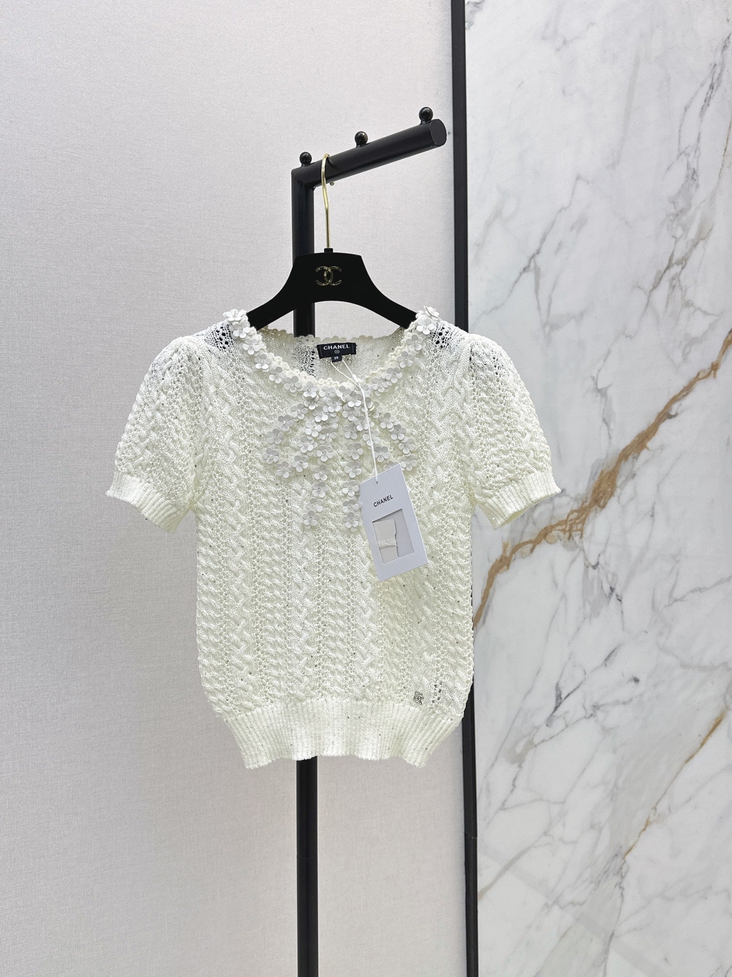 26SS NEW White Openwork Knit Short-Sleeve T-Shirt 🤍