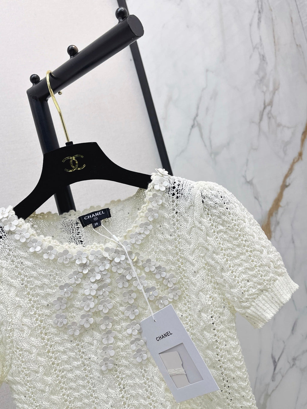 26SS NEW White Openwork Knit Short-Sleeve T-Shirt 🤍
