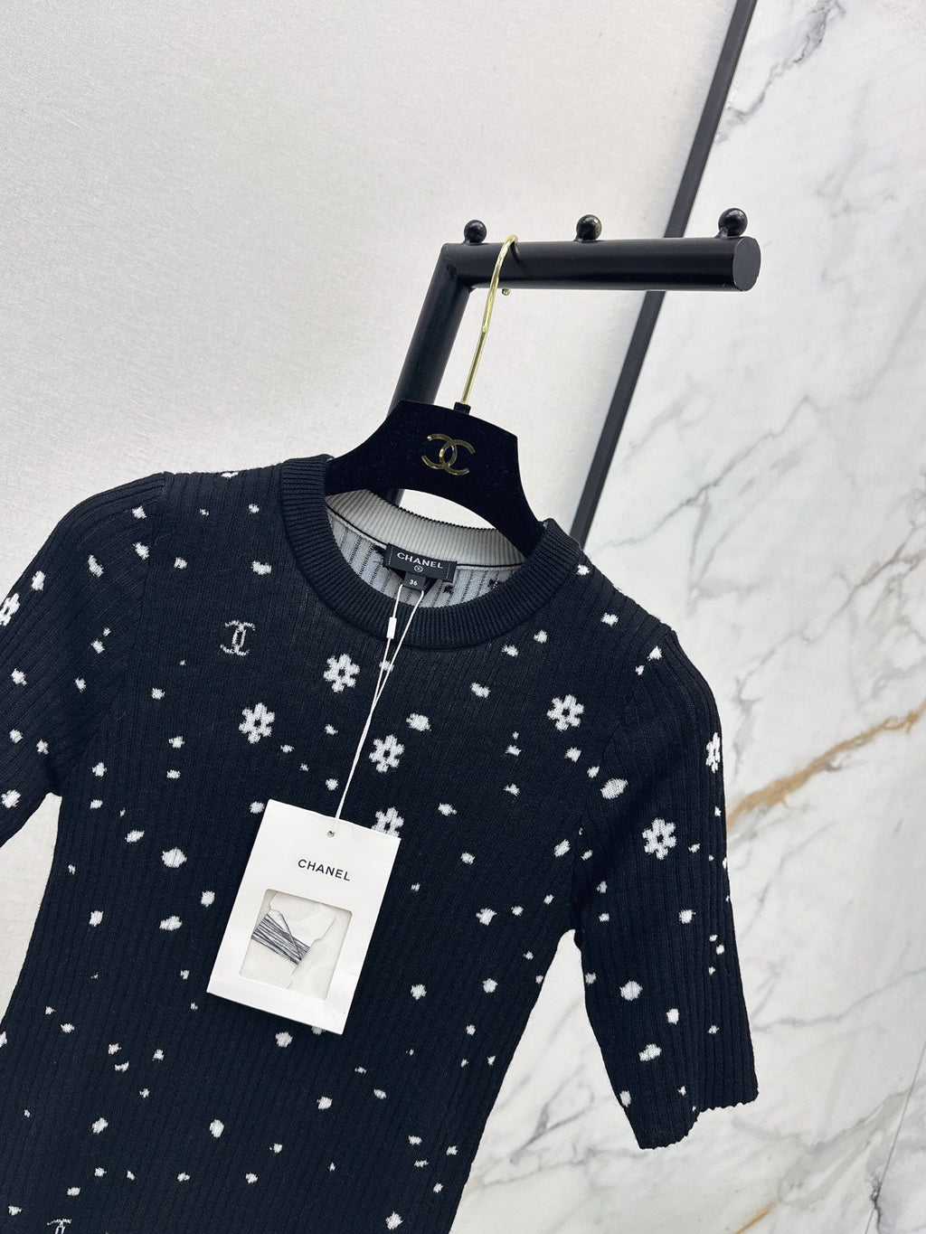 26SS NEW Coco Girls' Handmade Collection Imported Yarn Two-Tone Slim Fit Knit Three-Quarter Sleeve Top🩵