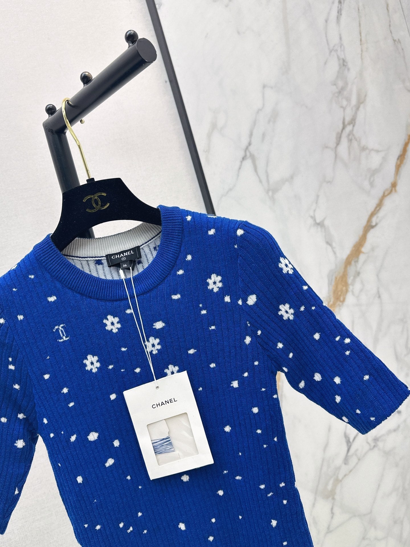 26SS NEW Coco Girls' Handmade Collection Imported Yarn Two-Tone Slim Fit Knit Three-Quarter Sleeve Top🩵