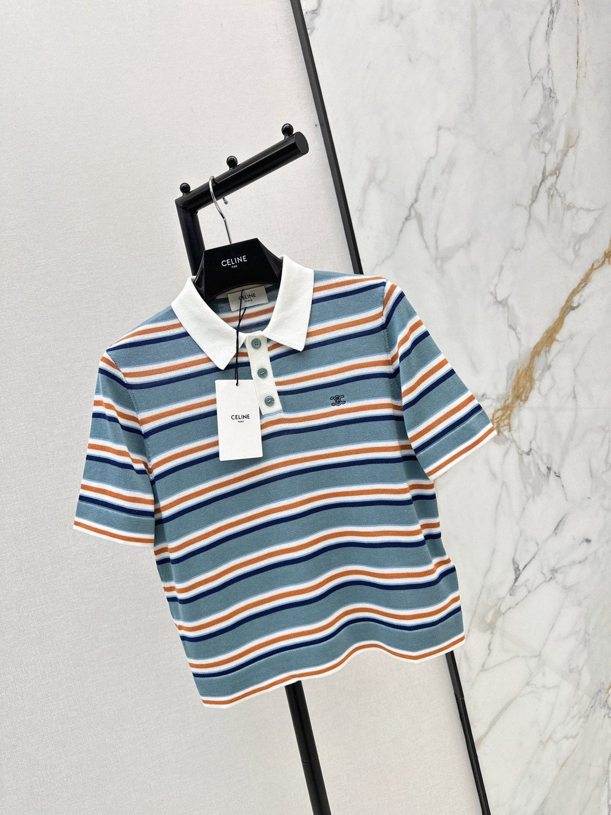 26SS NEW Striped Polo Collar Embroidered Short-Sleeve Knit Top🩵