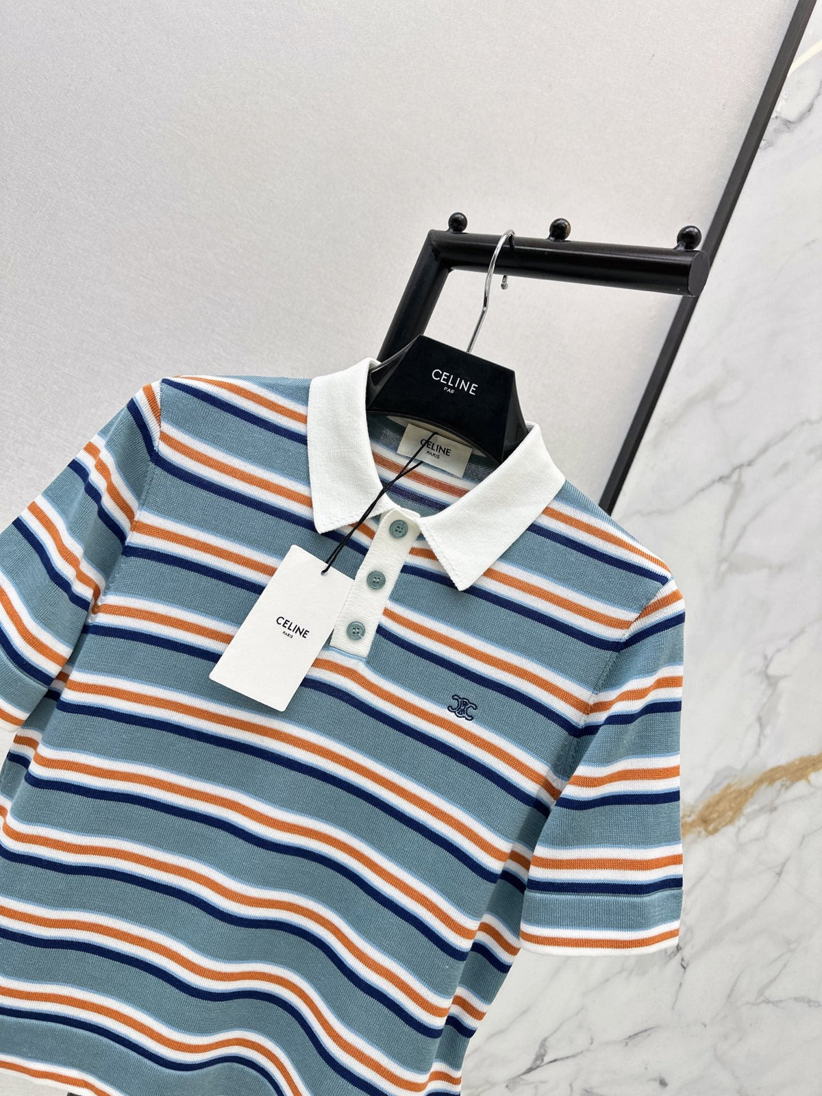 26SS NEW Striped Polo Collar Embroidered Short-Sleeve Knit Top🩵