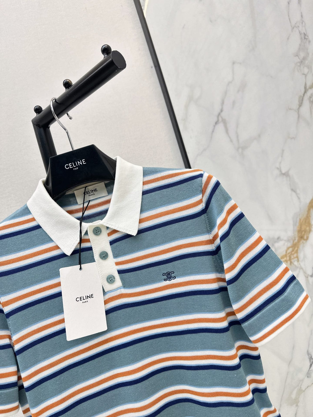 26SS NEW Striped Polo Collar Embroidered Short-Sleeve Knit Top🩵