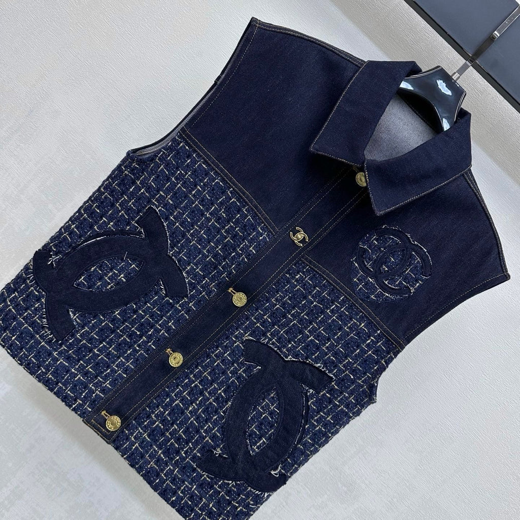 26SS NEW Tweed Patchwork Denim Vest