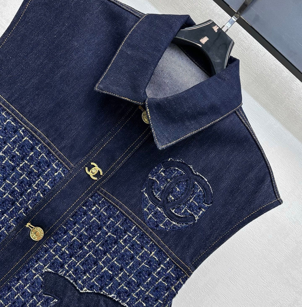 26SS NEW Tweed Patchwork Denim Vest