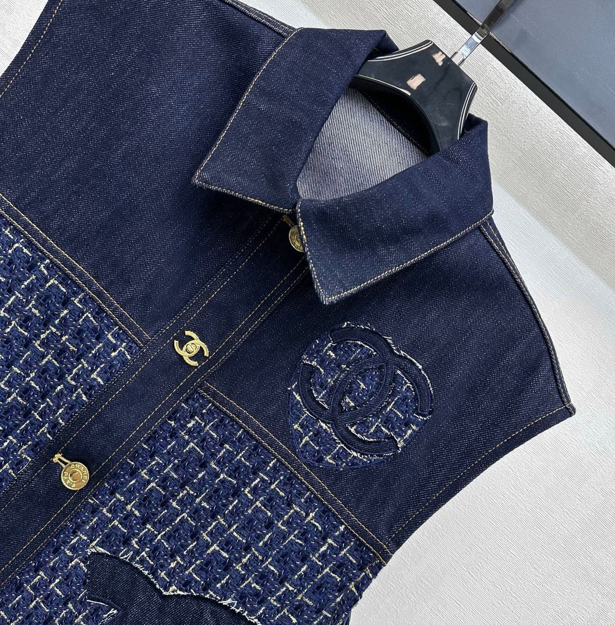 26SS NEW Tweed Patchwork Denim Vest