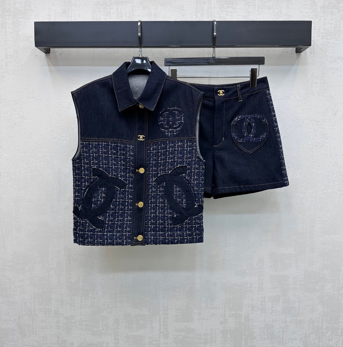 26SS NEW Tweed Patchwork Denim Shorts