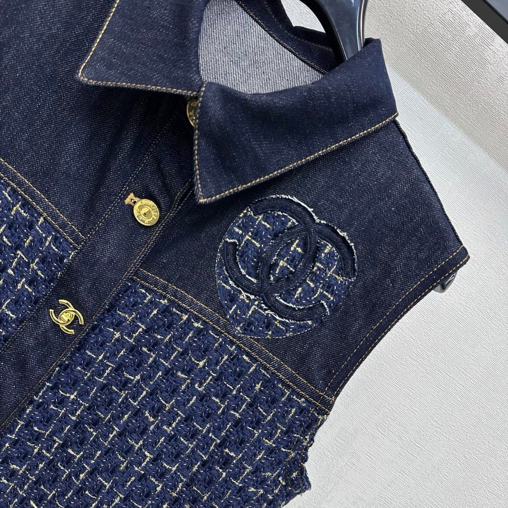 26SS NEW Tweed Patchwork Denim Vest Dress