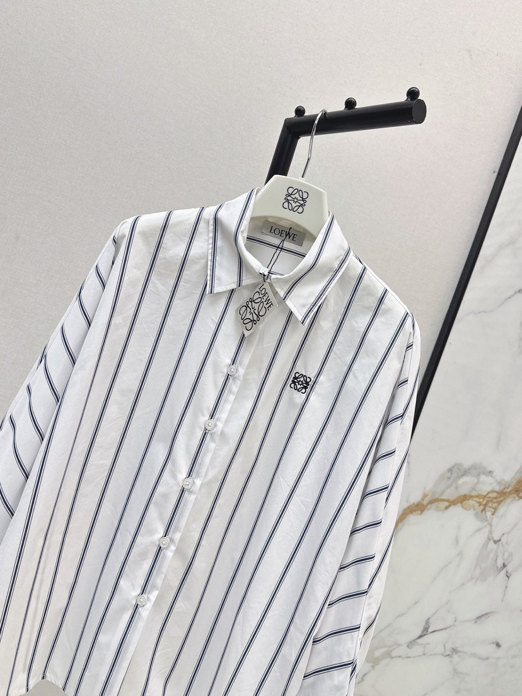26FW New Blue Striped Shirt with Embroidered Logo and Batwing Sleeves 🩵