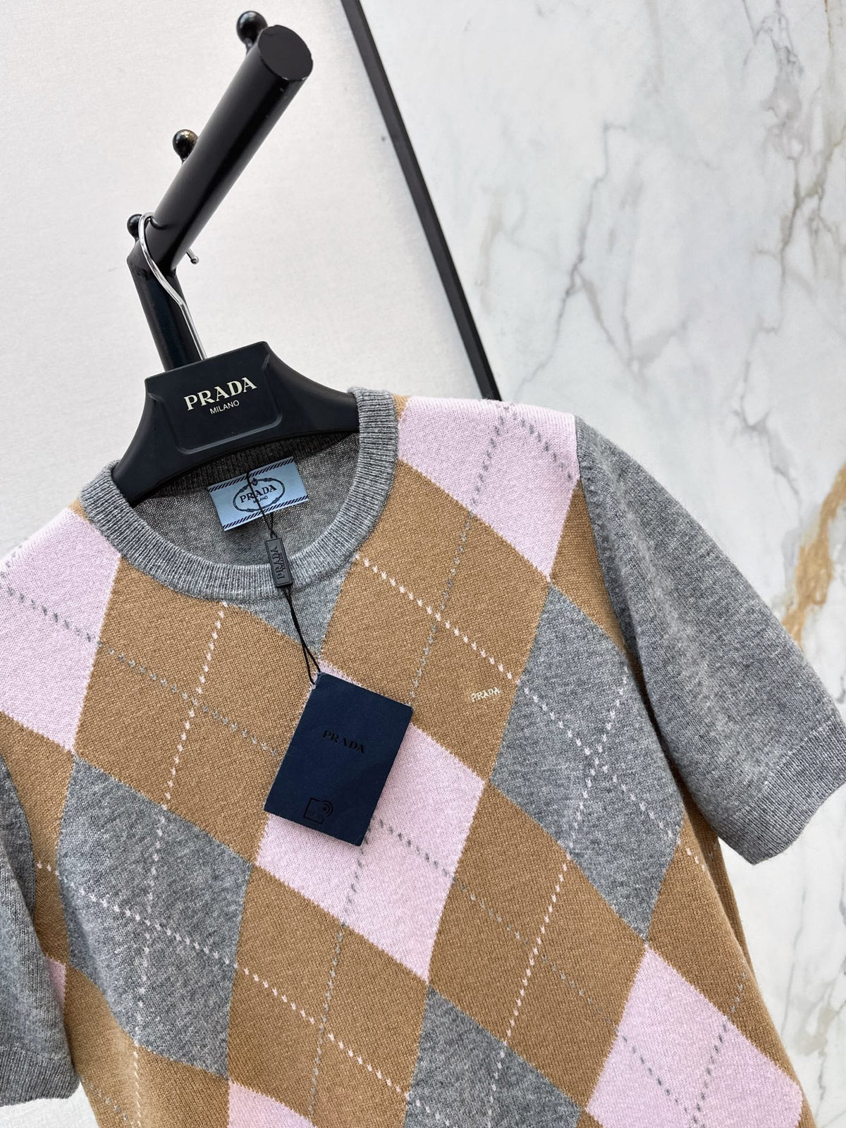 26FW New Pink-Brown Argyle Cashmere Short-Sleeve Knit Top 🩶