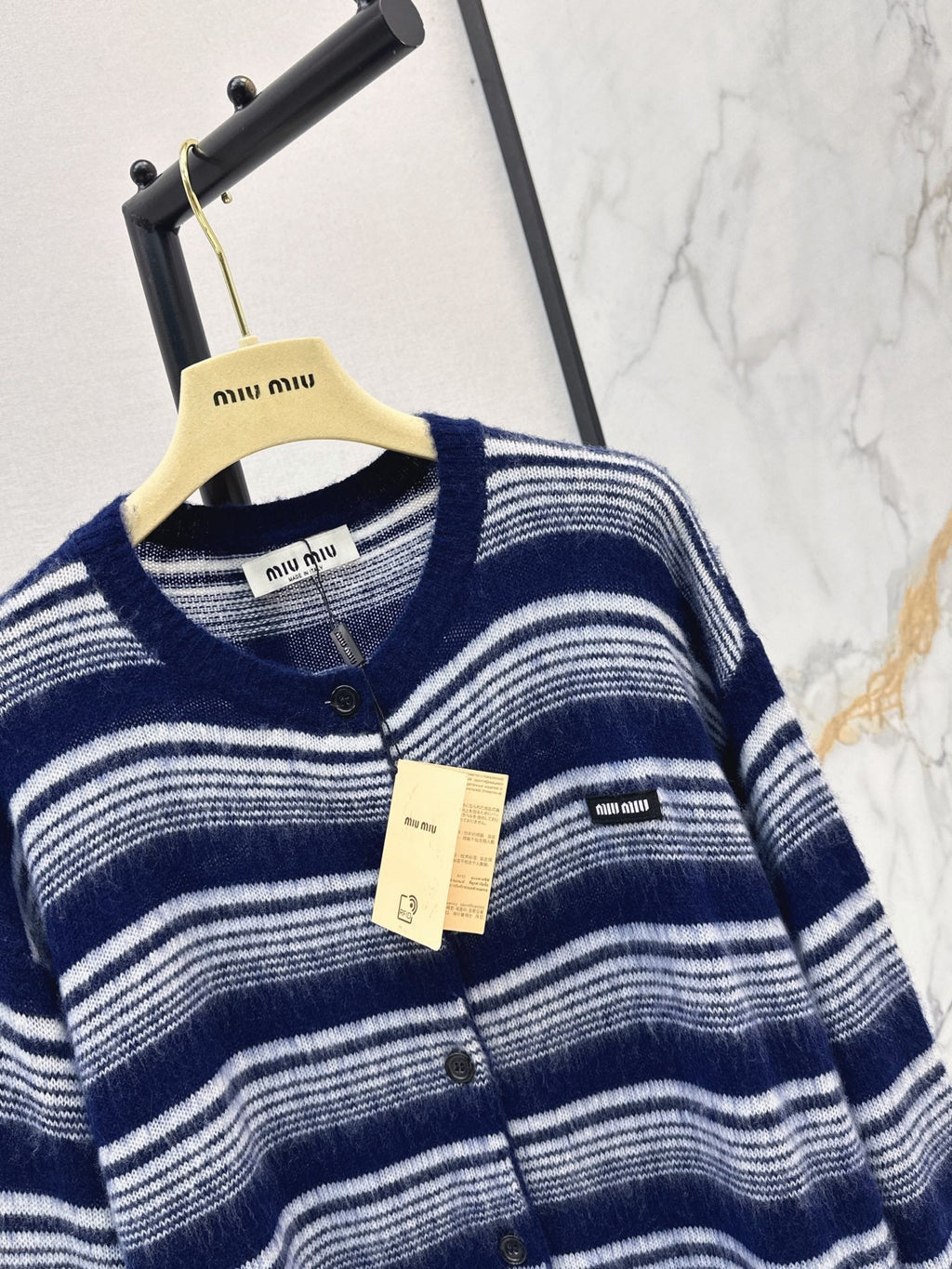 26FW New Navy & White Horizontal Stripe Crew-Neck Knit Cardigan 🖤