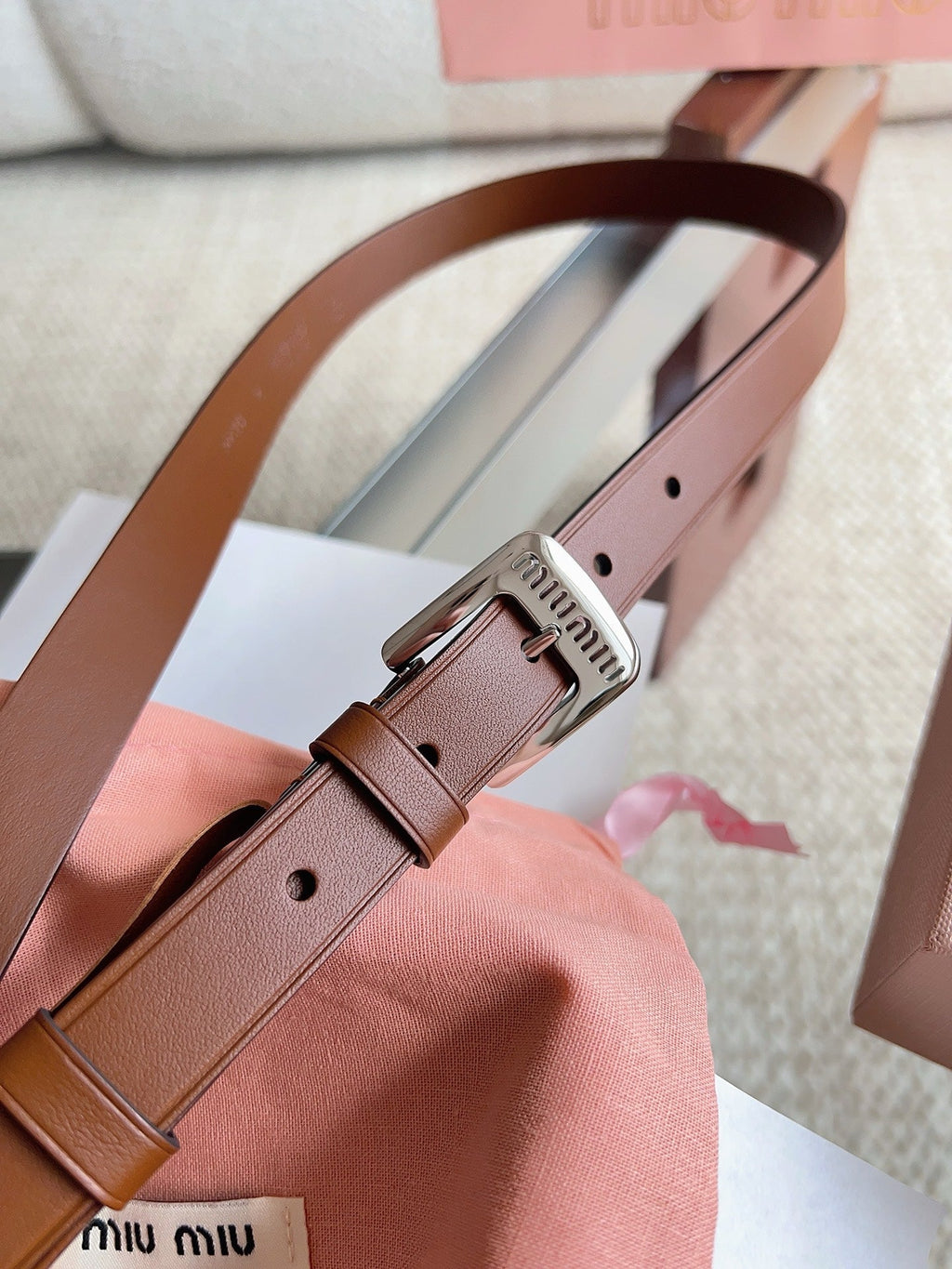 26FW New MM Brown Leather Belt with Metal Buckle 20mm